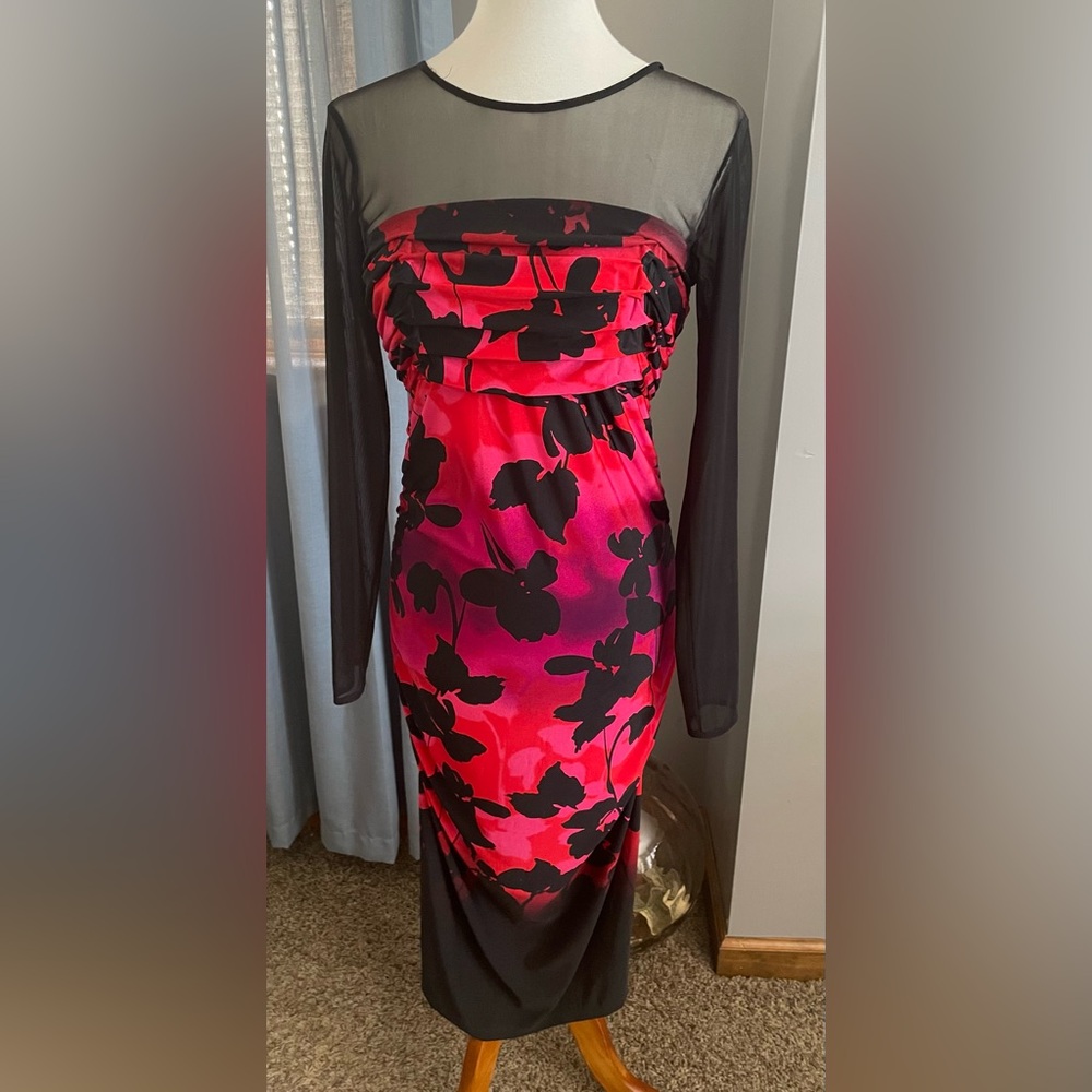 Boston Proper - Elegant Black, pink and red Floral Dress size 10.